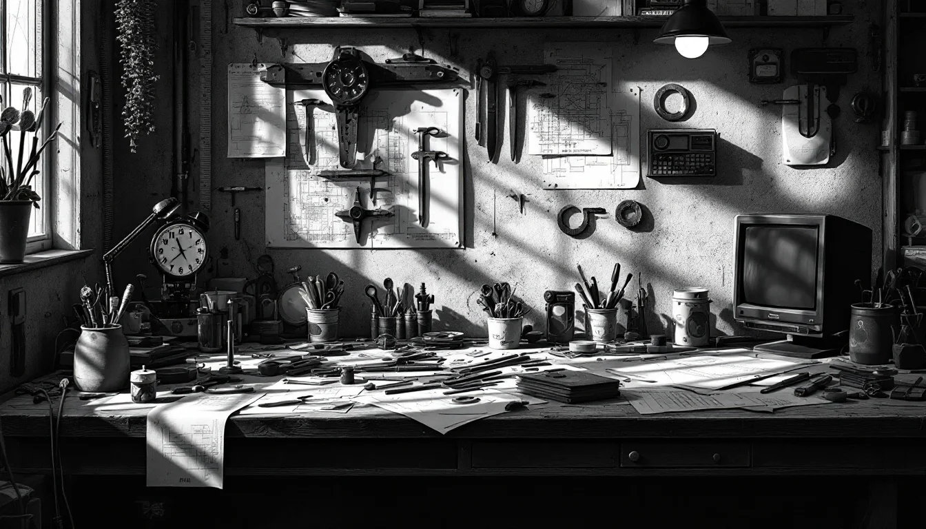Editorial illustration: A worn workbench scattered with analog tools—calipers, blueprints, hand-sketched diagrams—beside a d — MonstarX