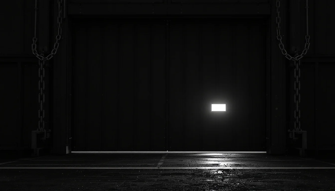 Editorial illustration: A closed factory gate or border checkpoint barrier, rendered in stark black and white, with a single — MonstarX