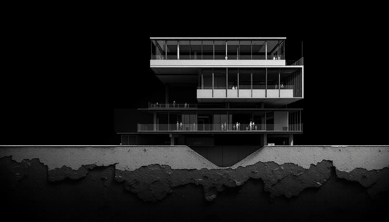 Editorial illustration: A cross-section view of stacked architectural layers—from foundational concrete base through steel f — MonstarX