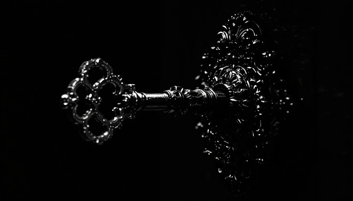 Editorial illustration: A heavy ornate lock mechanism mid-unlock, with an intricate key inserted and partially turned. The l — MonstarX