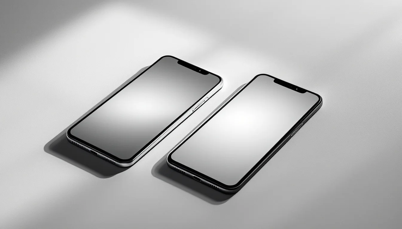 Editorial illustration: Two smartphones positioned side-by-side on a minimalist surface, their screens glowing with identica — MonstarX