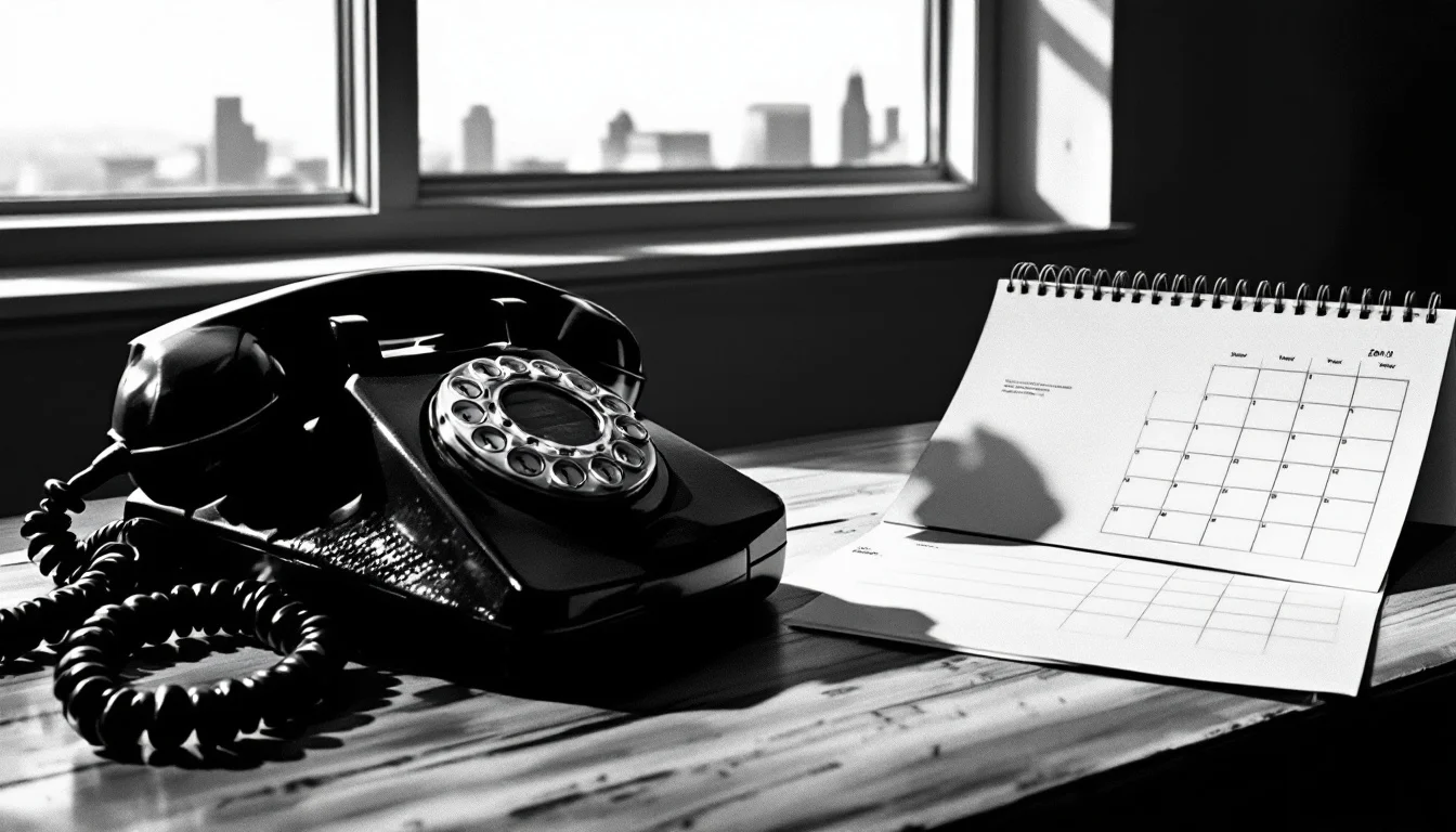 Editorial illustration: A worn desk telephone handset resting on an empty desk beside a blank calendar page, with a single w — MonstarX