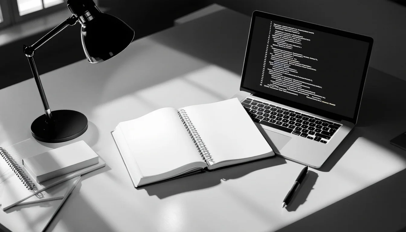 Editorial illustration: A classroom desk with an open notebook beside a laptop displaying lines of code, a single desk lamp  — MonstarX