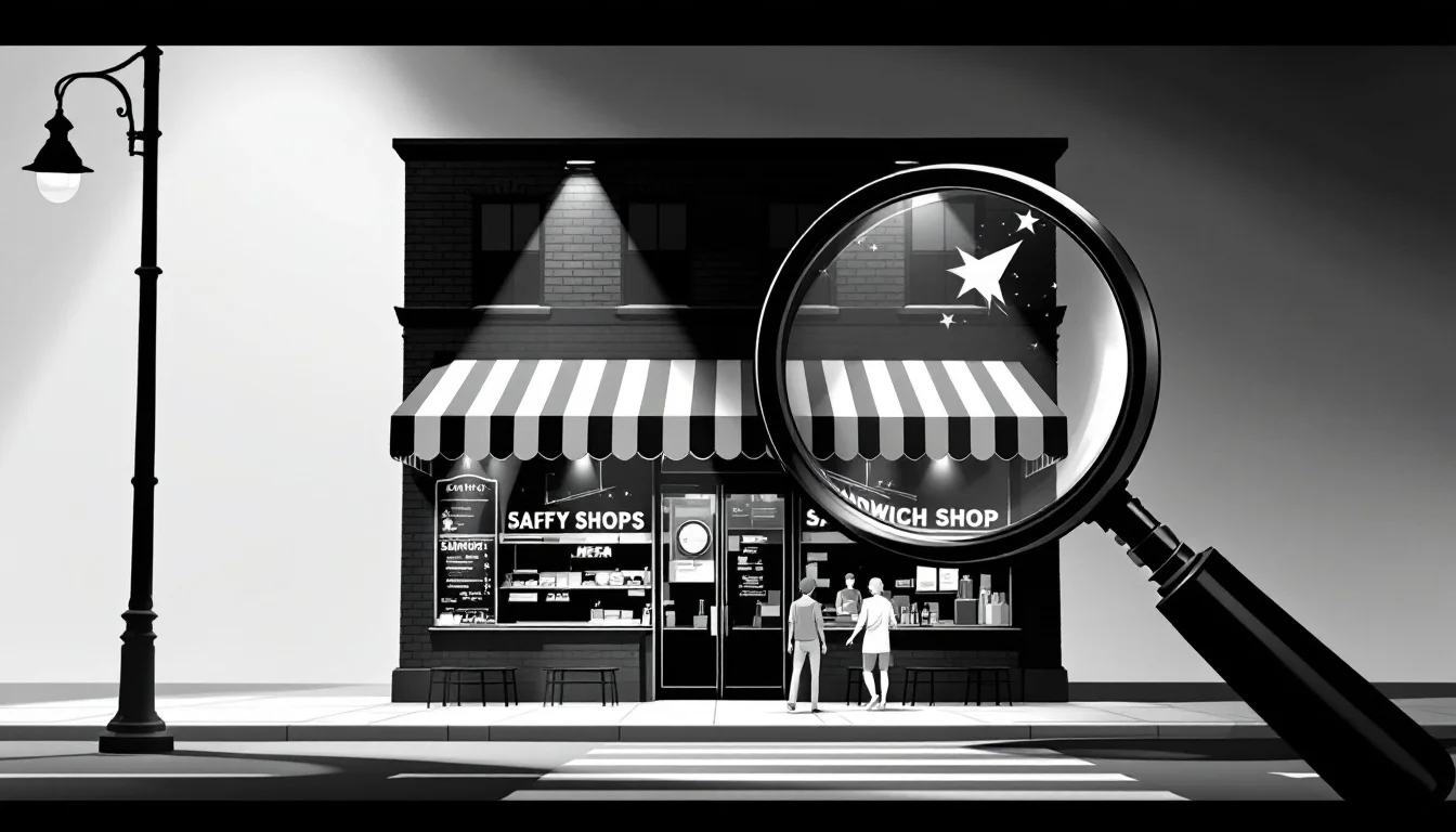 Editorial illustration: A sandwich shop storefront viewed through a magnifying glass or distorted lens, its ordinary brick f — MonstarX