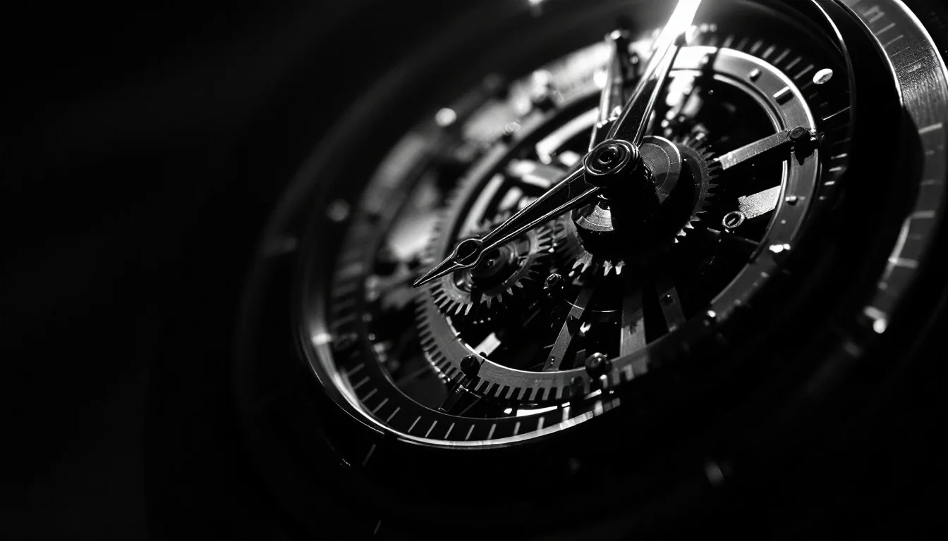 Editorial illustration: A mechanical clock face with its hands frozen or moving sluggishly backward, photographed in stark b — MonstarX