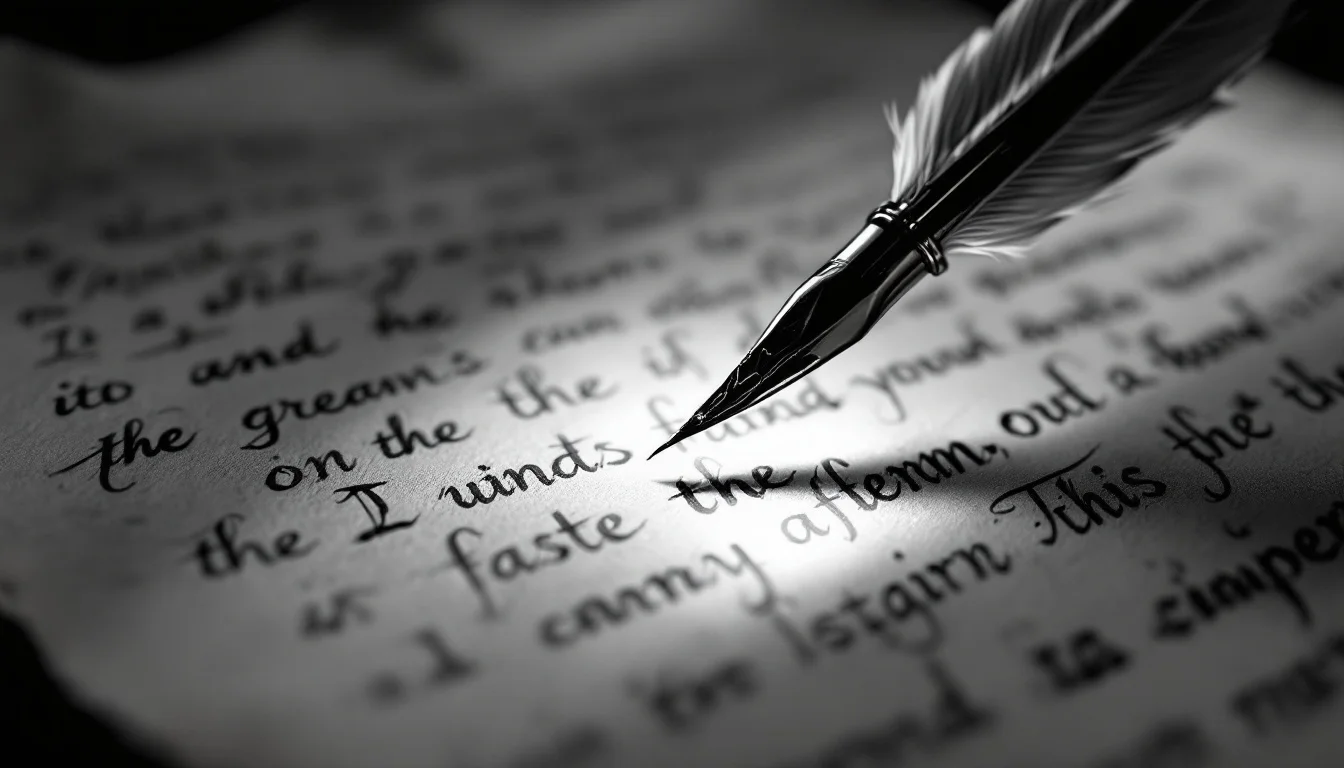 Editorial illustration: A quill pen resting on an aged parchment document, with a softly glowing computer screen reflected i — MonstarX