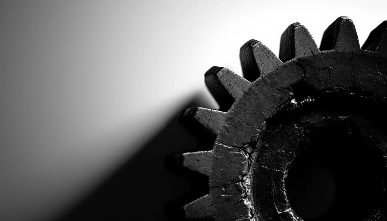 Editorial illustration: A mechanical gear or cogwheel gradually grinding to a halt, captured in stark profile against a plai — MonstarX