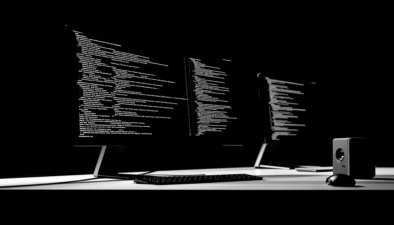 Editorial illustration: A sleek, minimalist workstation with an illuminated computer terminal displaying abstract code or mo — MonstarX