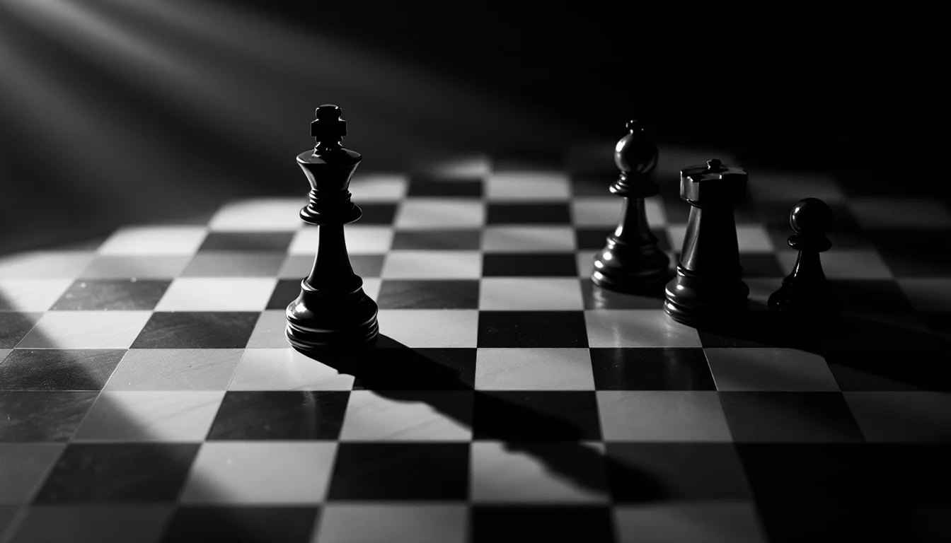 Editorial illustration: A chess board mid-game with two distinct pieces separated to opposite sides—one piece isolated on an — MonstarX