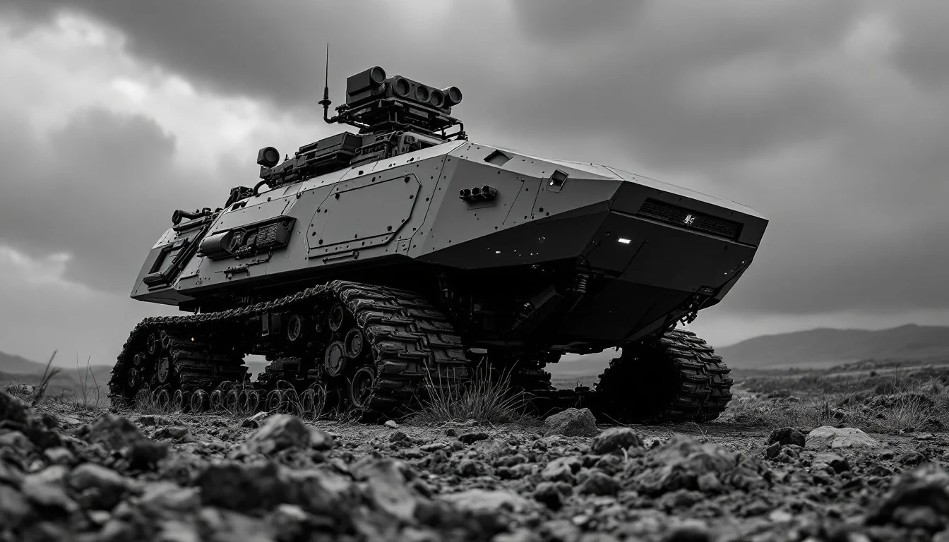 Editorial illustration: A rugged, unmanned ground vehicle—treaded chassis, sensor array mounted on top, no cabin or controls — MonstarX