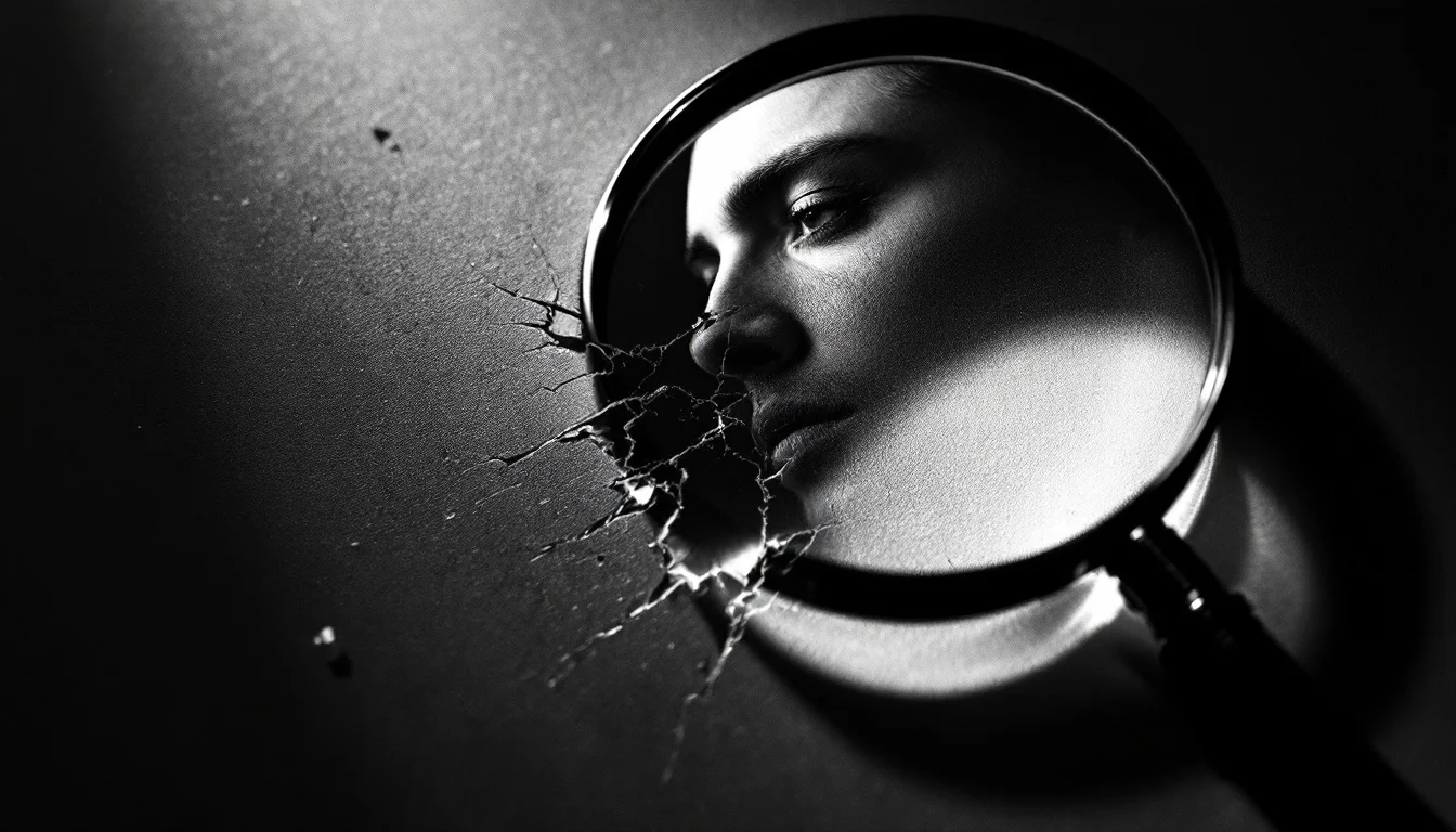 Editorial illustration: A magnifying glass positioned over a fractured or pixelated photograph, with sharp light revealing t — MonstarX