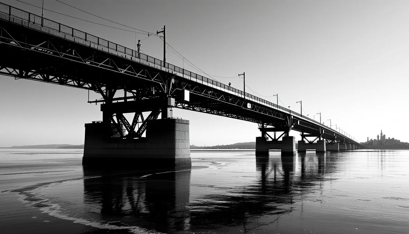 Editorial illustration: A bridge or causeway spanning between two separate landmasses or platforms, shot from a low angle wi — MonstarX