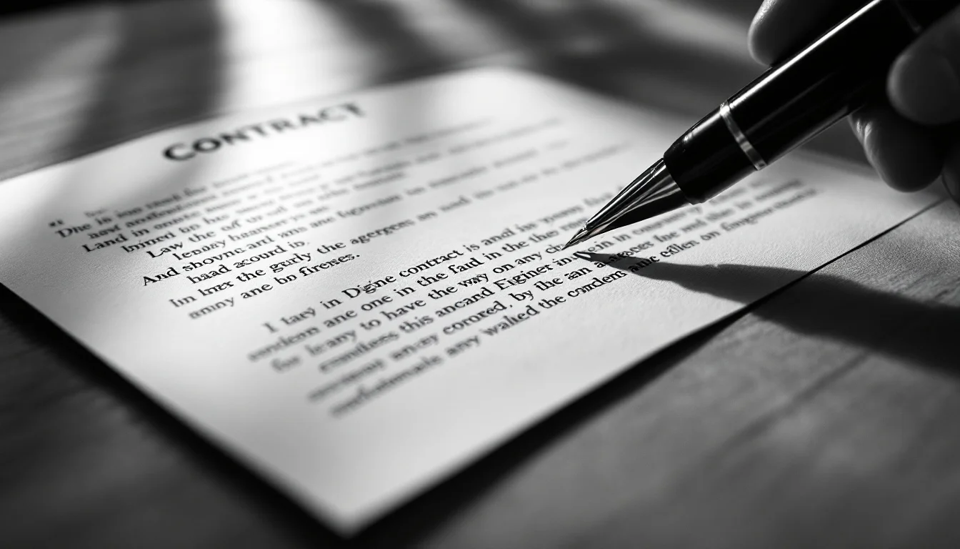 Editorial illustration: A contract or agreement document lying on a desk, partially signed, with a second pen poised uncerta — MonstarX