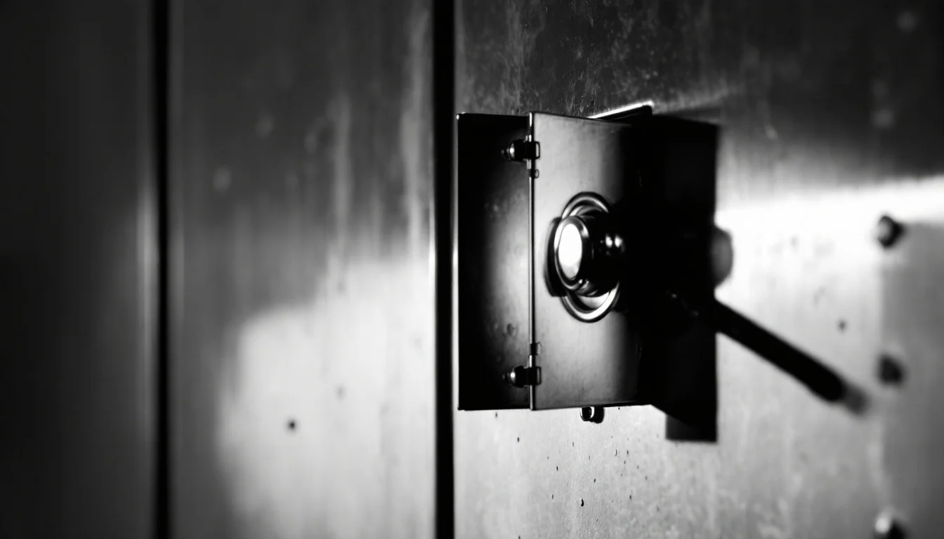Editorial illustration: A locked filing cabinet or vault door slightly ajar, revealing glimpses of confidential documents in — MonstarX