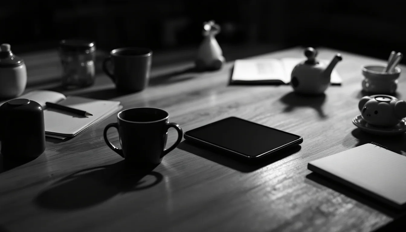 Editorial illustration: A kitchen table at dusk, lit by the soft glow of a smartphone or tablet screen, with household items — MonstarX