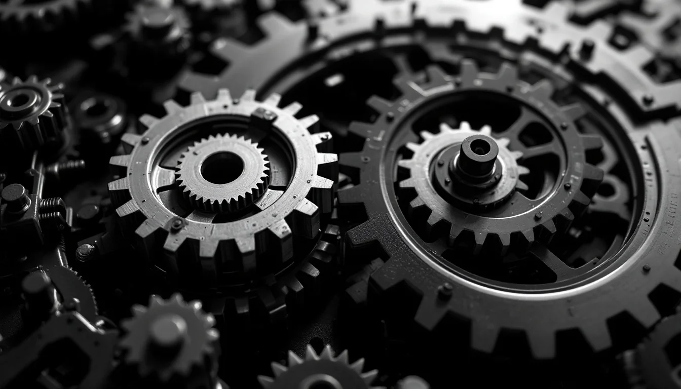 Editorial illustration: A pair of interlocking gears or a modular building-block structure photographed from above, with dra — MonstarX