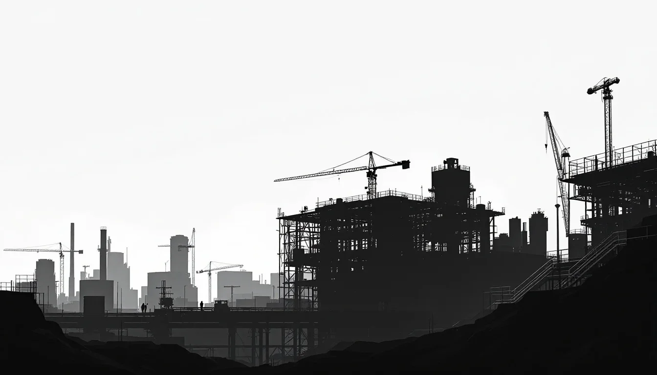 Editorial illustration: A massive industrial semiconductor fabrication plant photographed from a distance, its geometric ste — MonstarX