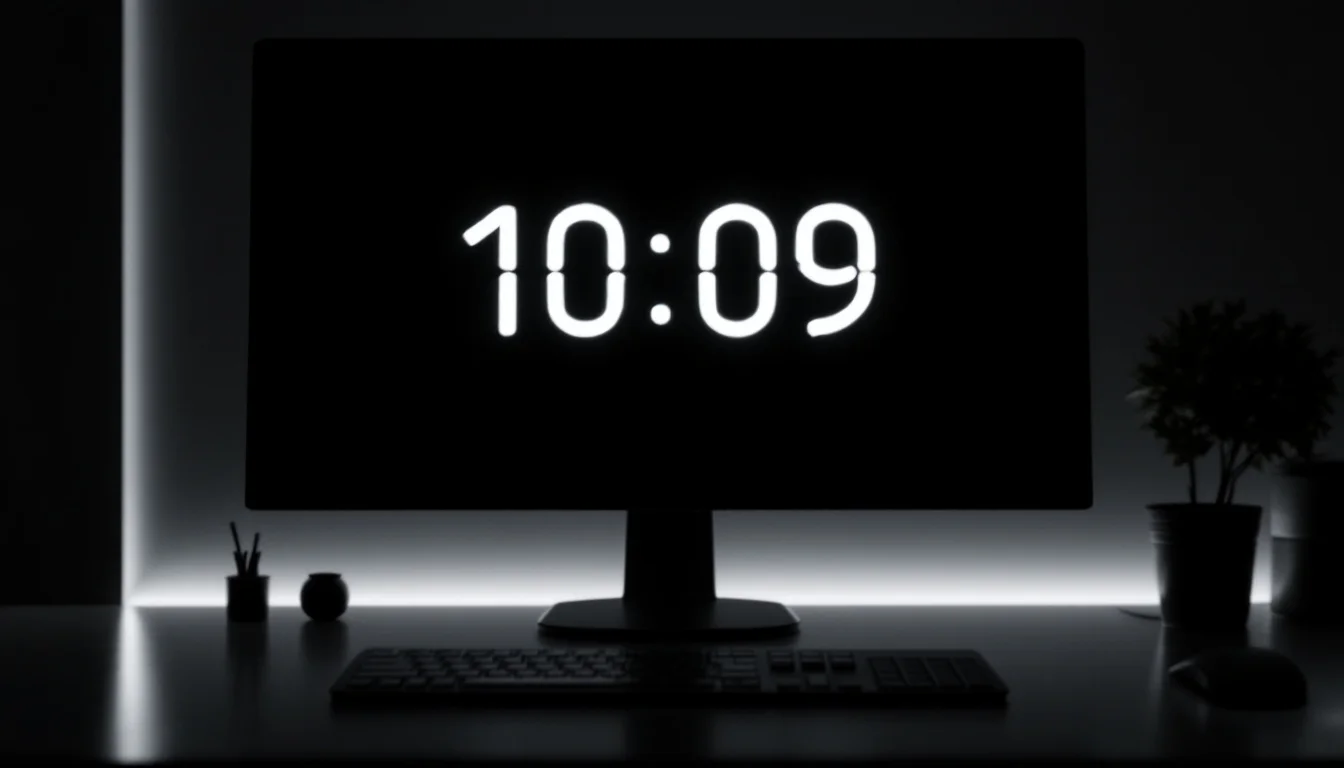 Editorial illustration: A sleek digital countdown timer displayed on a dark monitor screen, numbers ticking down in stark wh — MonstarX