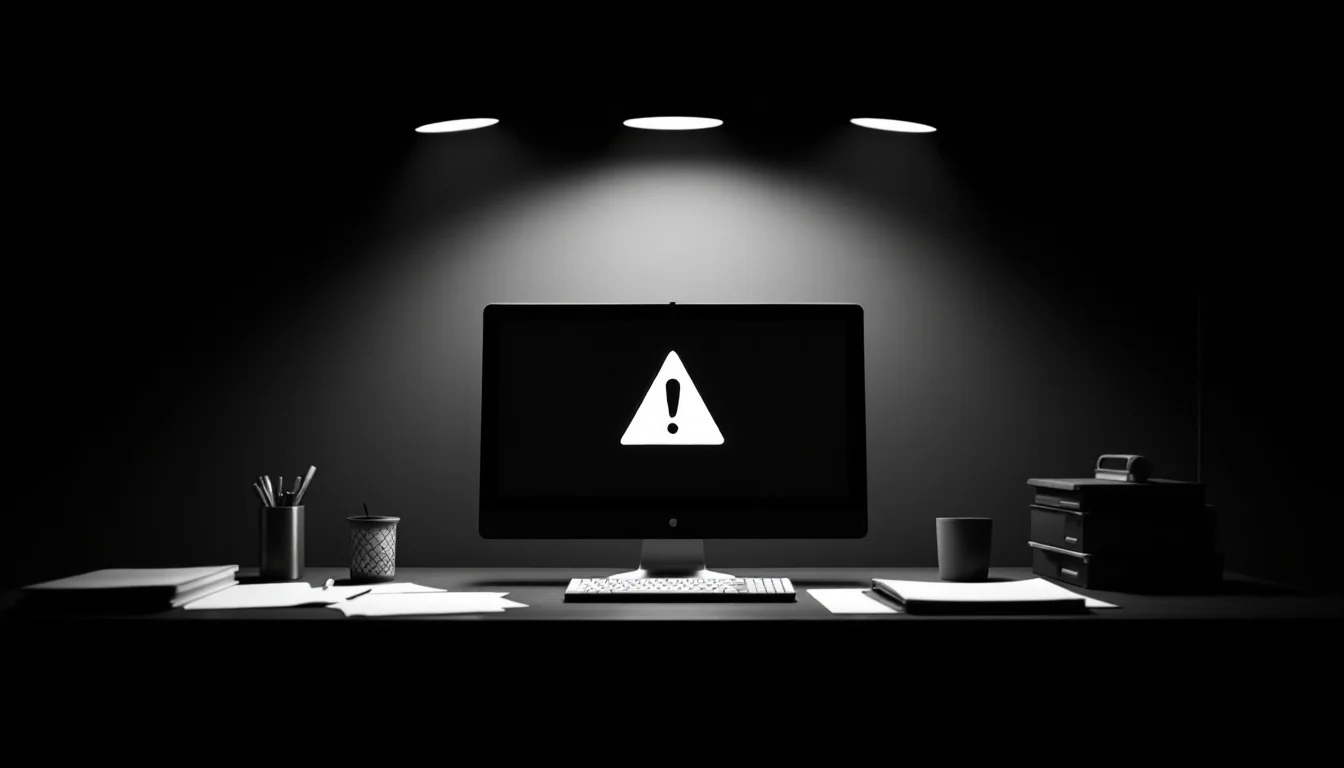 Editorial illustration: A corporate office desk with a computer monitor displaying an alert or warning symbol, bathed in sta — MonstarX