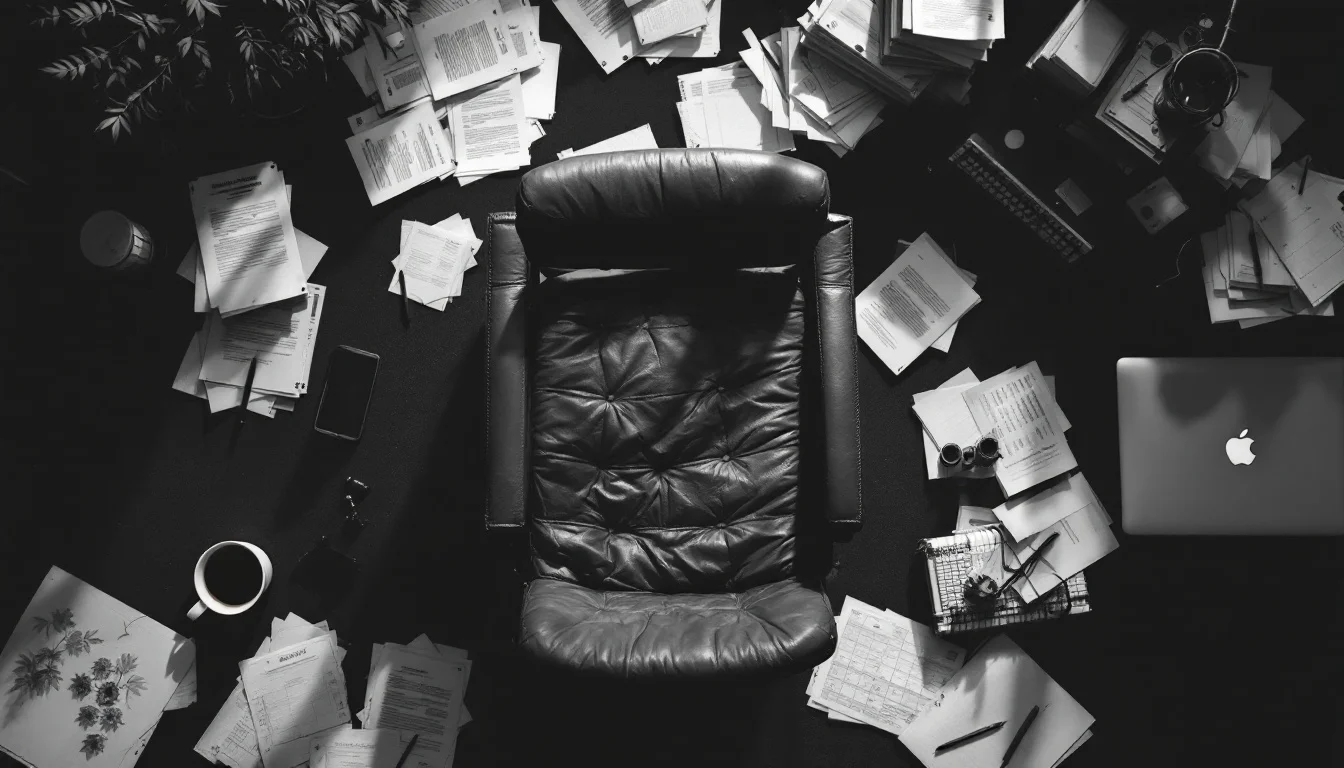 Editorial illustration: A worn leather desk chair seen from above, surrounded by scattered papers, an empty coffee cup, and  — MonstarX