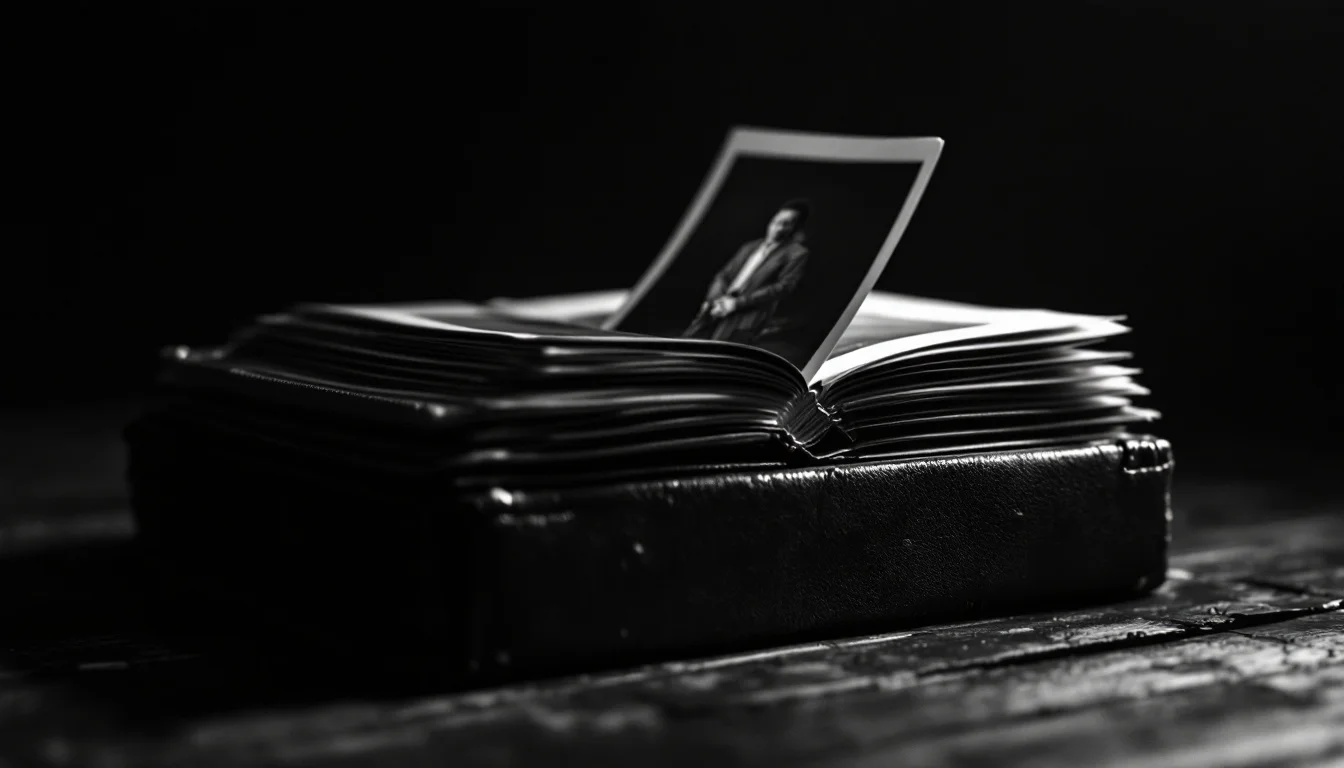 Editorial illustration: A worn leather-bound photograph album or archive box sits partially open, its pages showing layers o — MonstarX