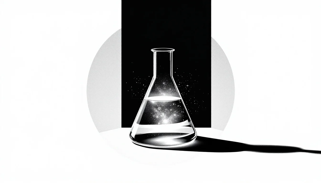 Editorial illustration: A laboratory beaker or test tube filled with luminescent liquid, positioned against a dark backgroun — MonstarX