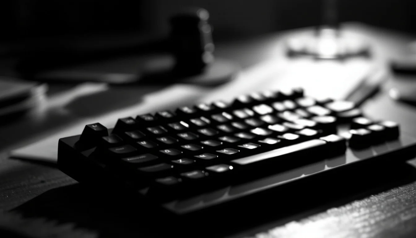 Editorial illustration: A high-end mechanical keyboard positioned at the edge of a desk, keys catching dramatic sidelighting — MonstarX