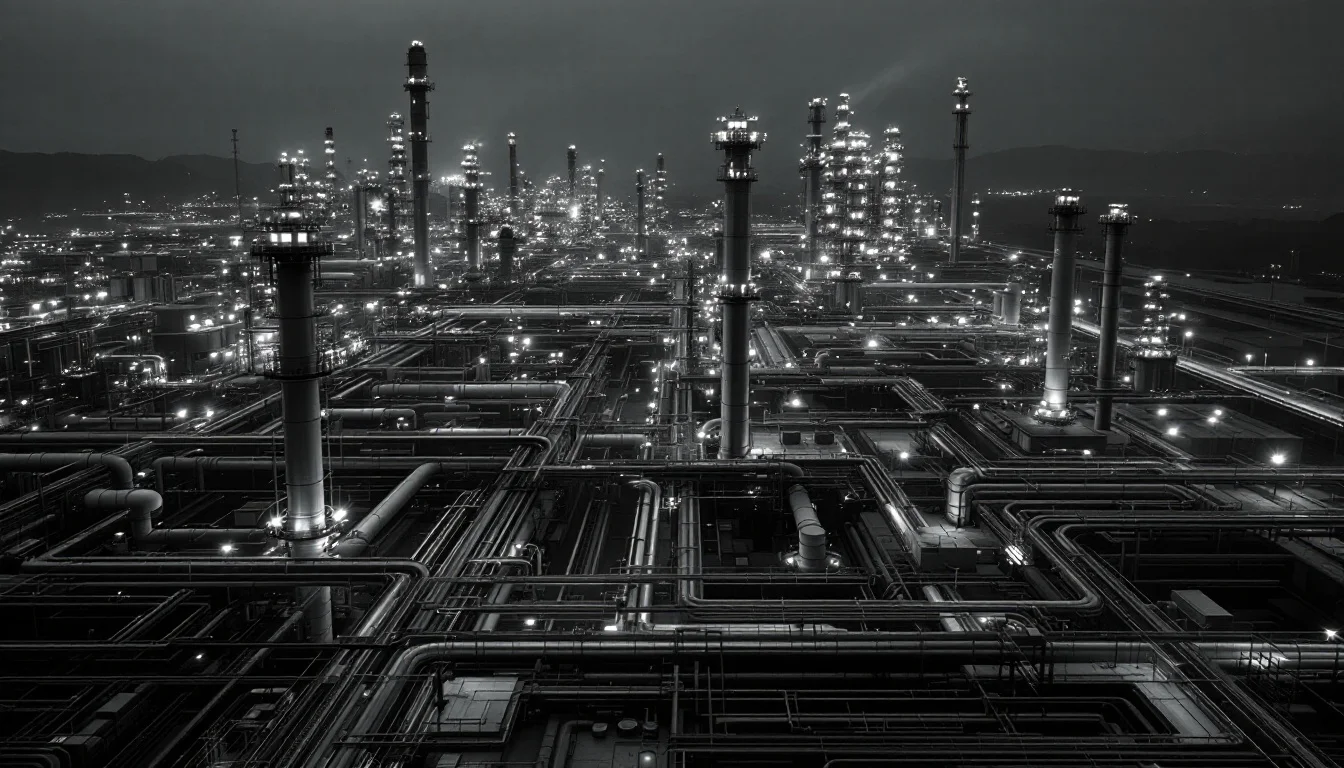 Editorial illustration: A sprawling industrial refinery or processing plant photographed from above at dusk, its intricate n — MonstarX
