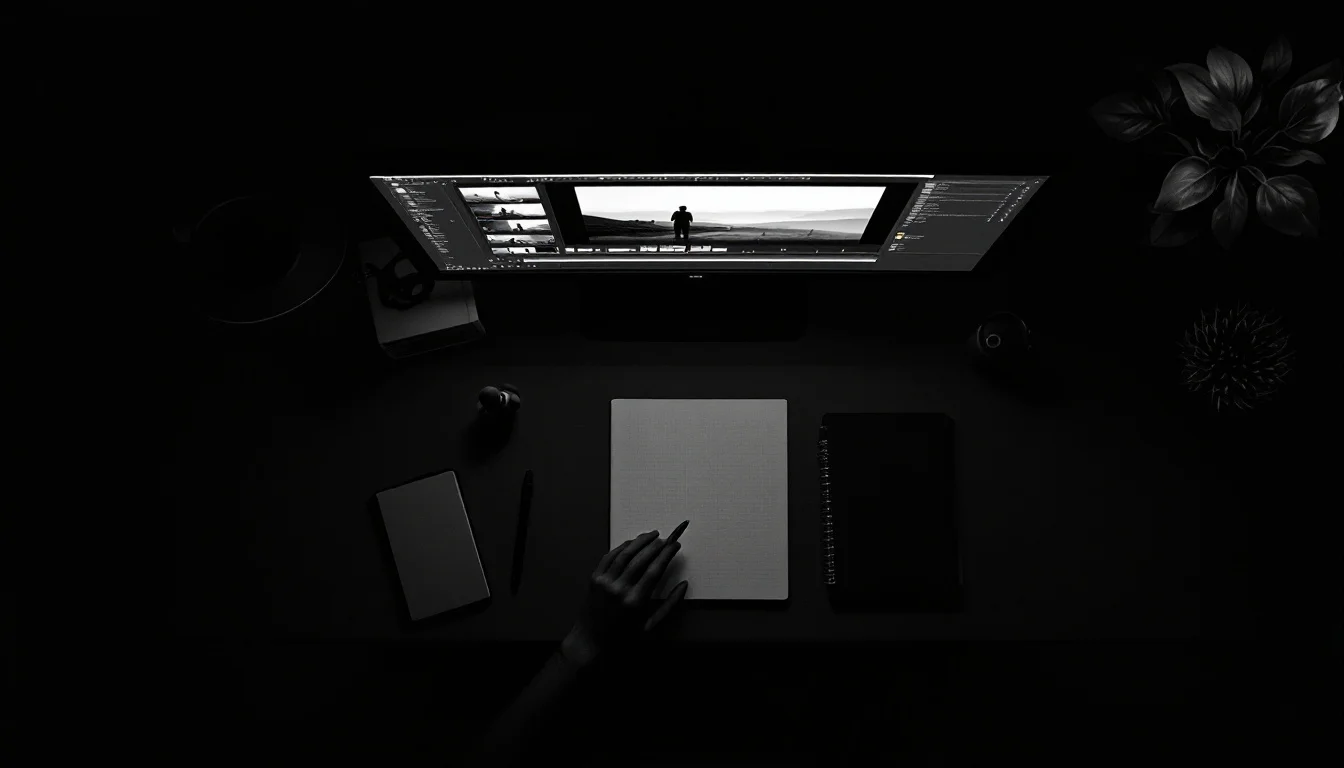 Editorial illustration: A film editor's desk in stark overhead view: a glowing monitor displaying a video timeline with mult — MonstarX