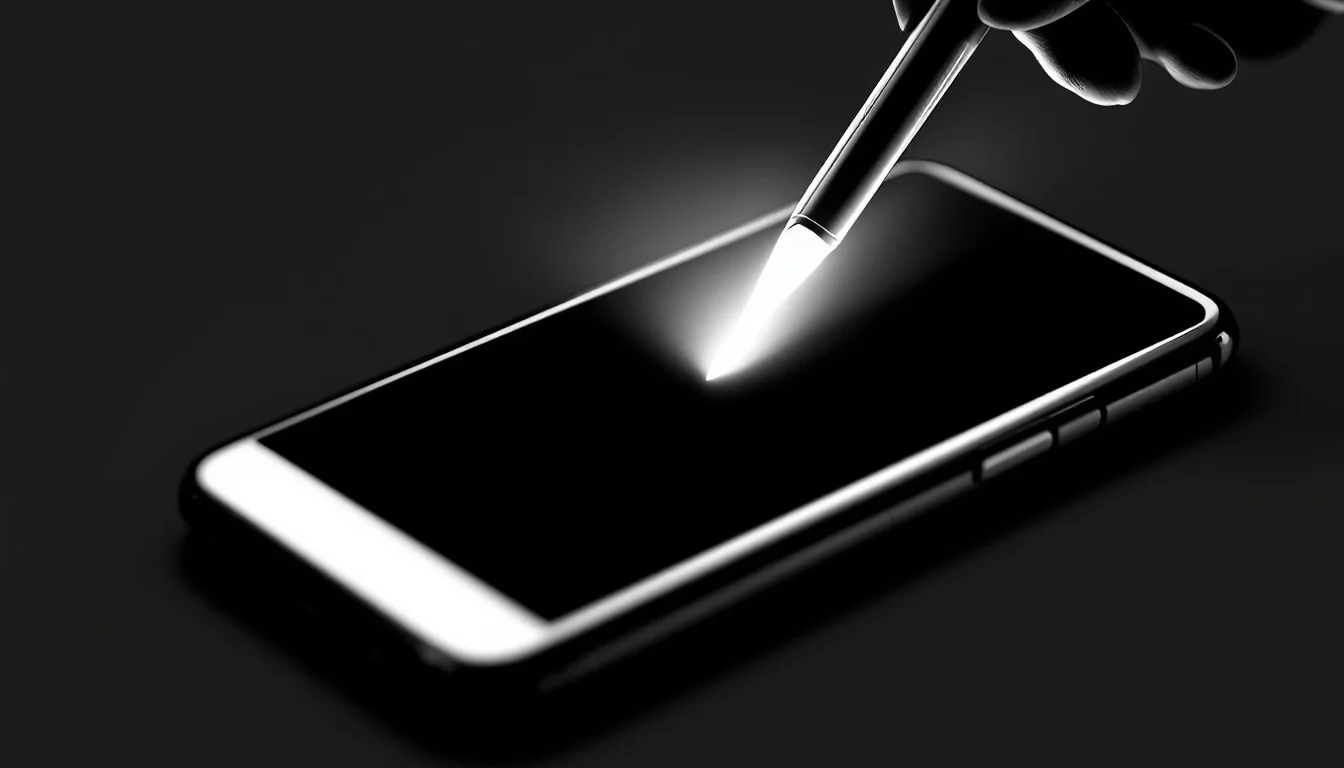 Editorial illustration: A smartphone screen displaying a blank game canvas or blueprint, with a glowing cursor or stylus hov — MonstarX