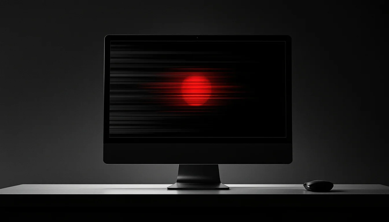 Editorial illustration: A computer monitor displaying a red recording indicator or "do not record" symbol, with a subtle blu — MonstarX