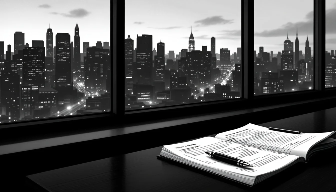 Editorial illustration: A venture capitalist's desk with an empty investor portfolio or ledger lying open, beside a window s — MonstarX