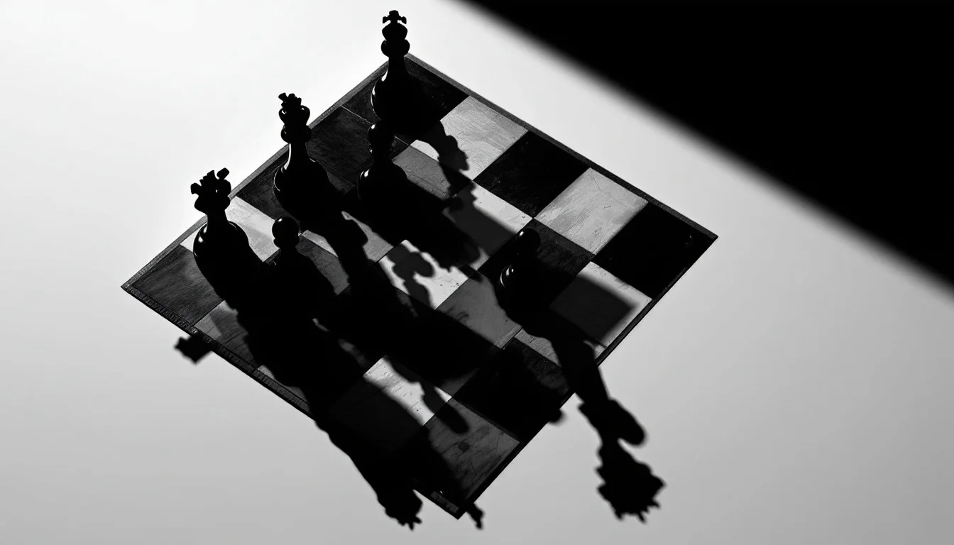 Editorial illustration: A chess board mid-game, viewed from above in stark black and white, with one piece—a knight or queen — MonstarX