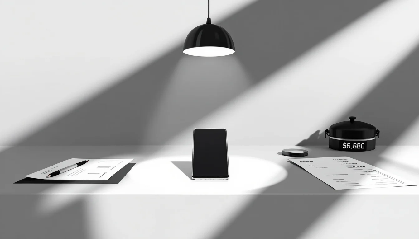 Editorial illustration: A luxury executive desk with a high-end smartphone positioned at its center, screen dark and inert,  — MonstarX