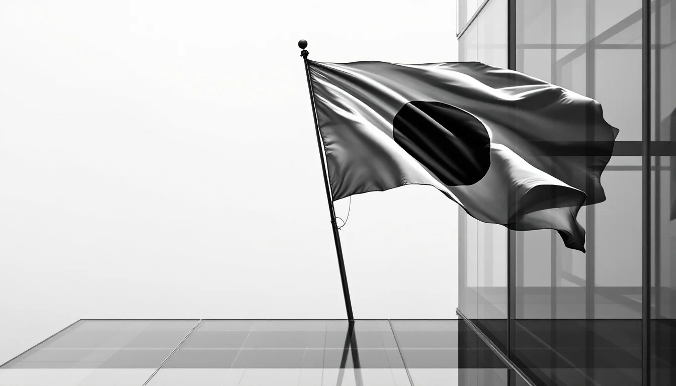 Editorial illustration: A high-angle view of a Japanese flag positioned at the edge of a modern glass building or window fra — MonstarX