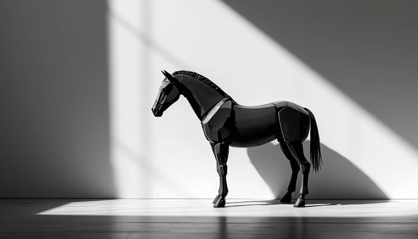 Editorial illustration: A wooden horse stands alone in stark shadow against a blank wall, its hollow interior exposed throug — MonstarX