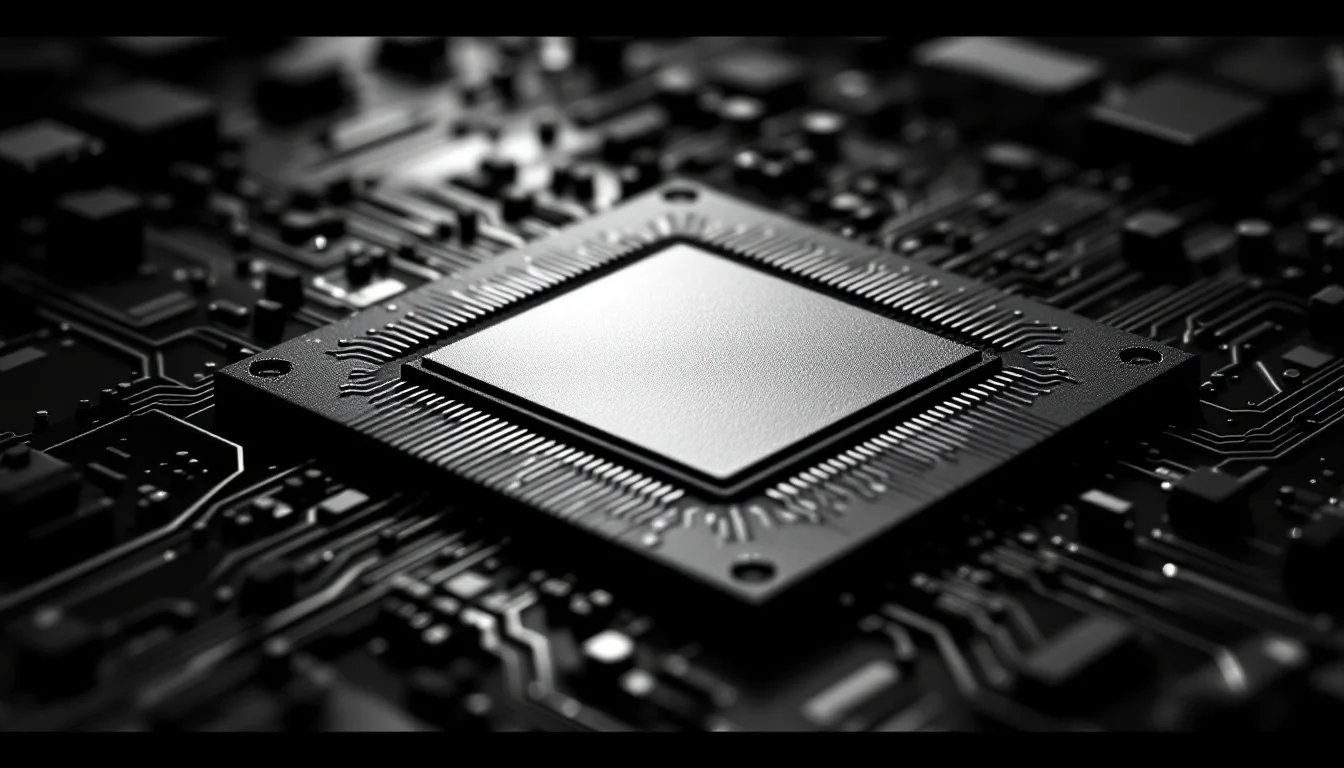 Editorial illustration: A close-up of a silicon wafer under dramatic side-lighting, its intricate circuit pathways and geome — MonstarX