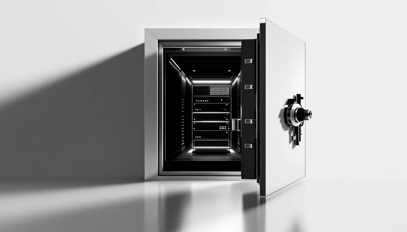 Editorial illustration: A partially open vault door revealing a glowing server rack or hard drive within, with a single unfi — MonstarX