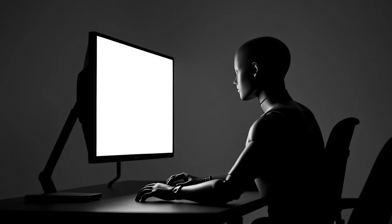 Editorial illustration: A training dummy or mannequin in profile, positioned at a desk facing a glowing monitor screen, capt — MonstarX