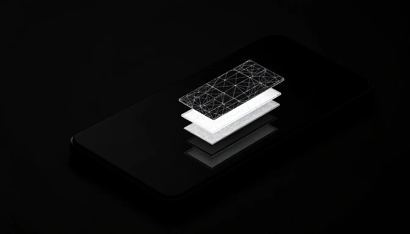 Editorial illustration: A sleek smartphone display glowing against dark surroundings, its screen fractured into three distin — MonstarX