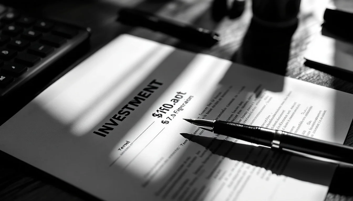 Editorial illustration: A close-up of a formal investment contract or term sheet on a desk, with a pen positioned at the sig — MonstarX