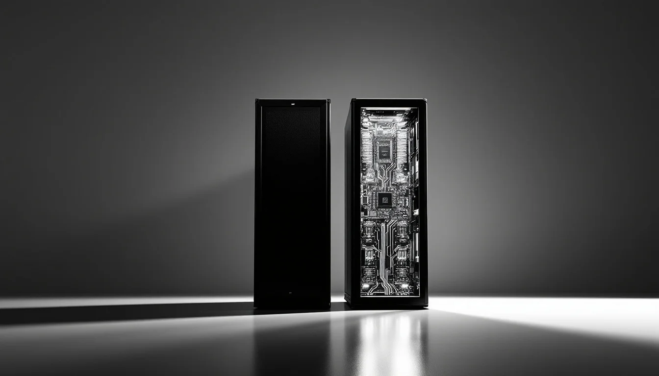 Editorial illustration: Two industrial server racks standing side-by-side in stark contrast—one casting a sharp shadow over  — MonstarX