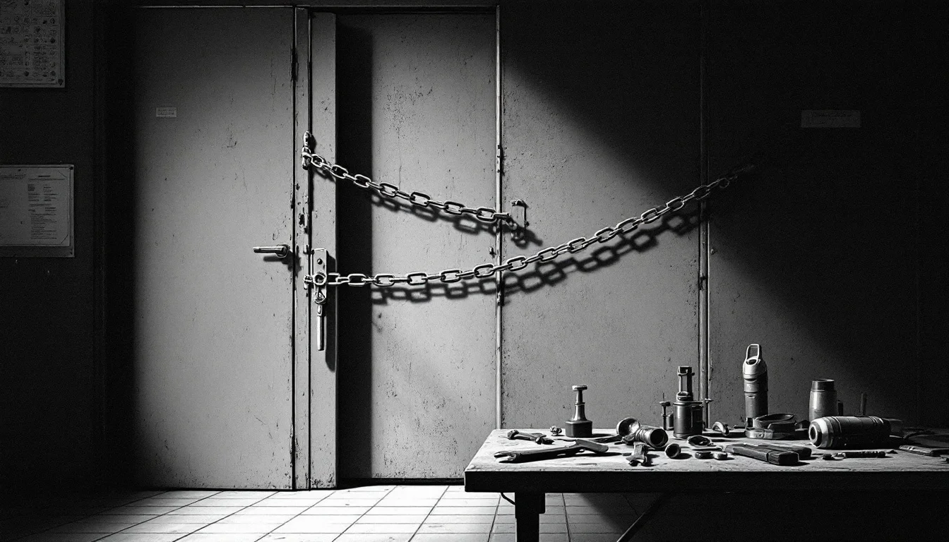 Editorial illustration: A locked laboratory door or security gate, partially ajar but blocked by a heavy chain or barrier, w — MonstarX