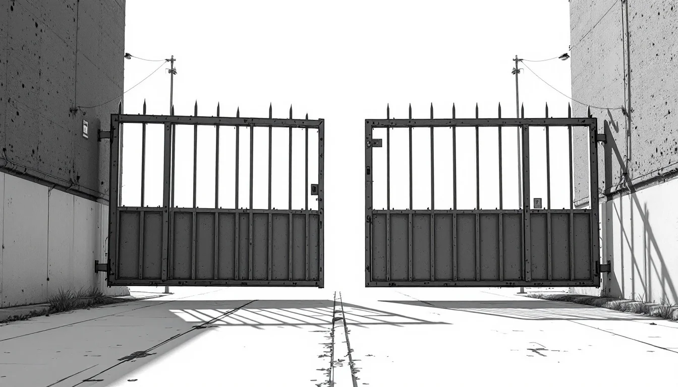 Editorial illustration: A pair of heavy steel gates or barriers positioned at a crossroads, one partially closed while the o — MonstarX