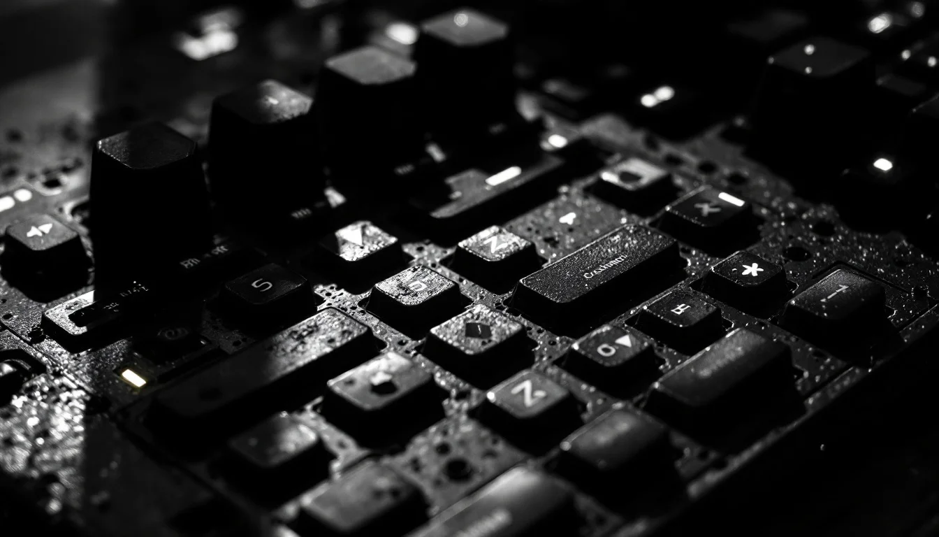 Editorial illustration: A close-up of a specialized input device with illuminated keys arranged in an unconventional grid pa — MonstarX