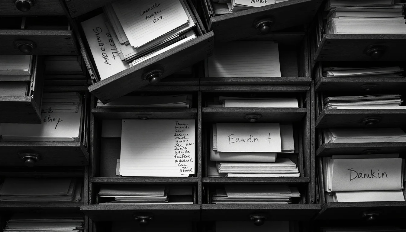 Editorial illustration: A library card catalog or wooden filing system photographed from above, with drawers slightly open r — MonstarX