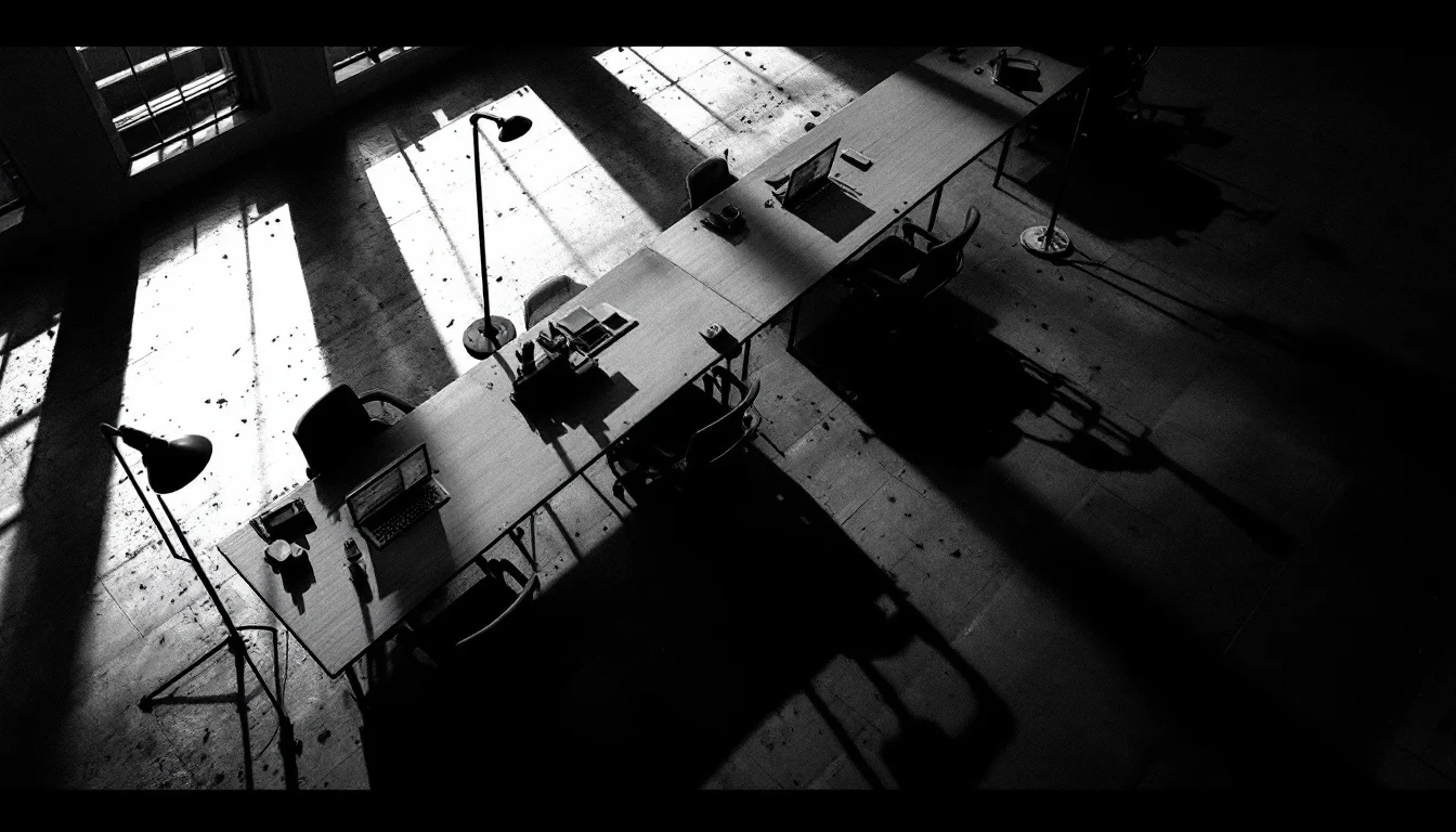 Editorial illustration: A row of empty office chairs at abandoned desks, shot from above at a stark angle, with a single des — MonstarX