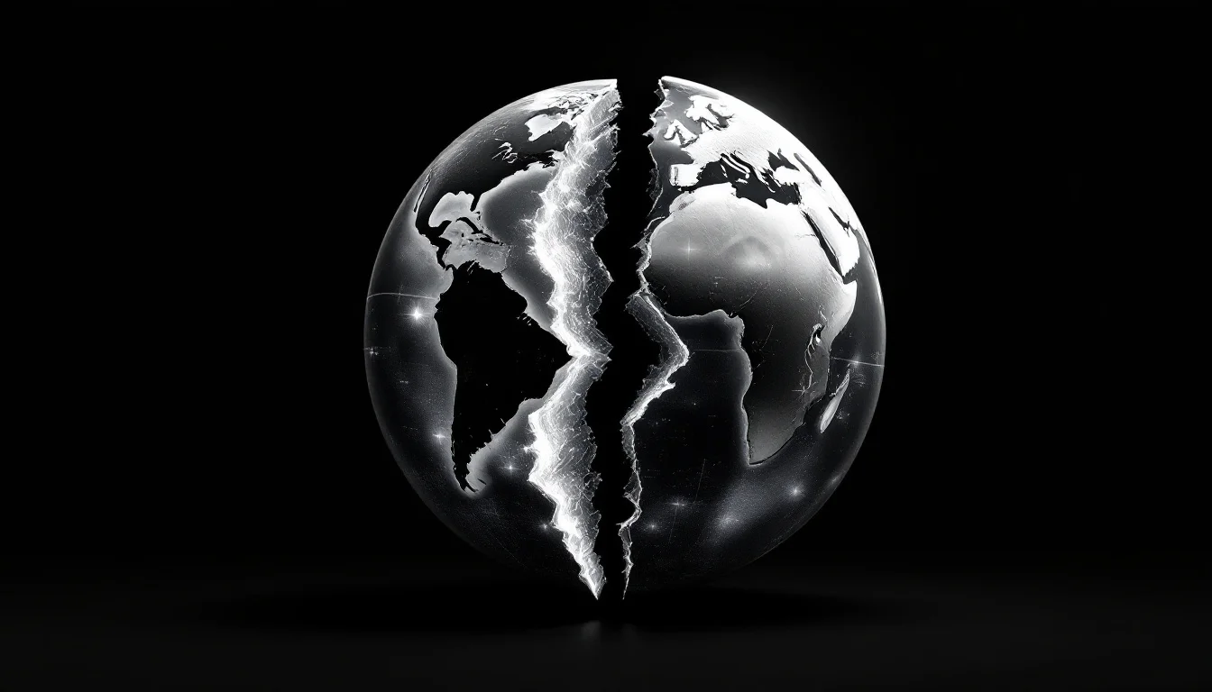Editorial illustration: A split or fractured globe, tilted to show East and West hemispheres in sharp relief, with one side  — MonstarX