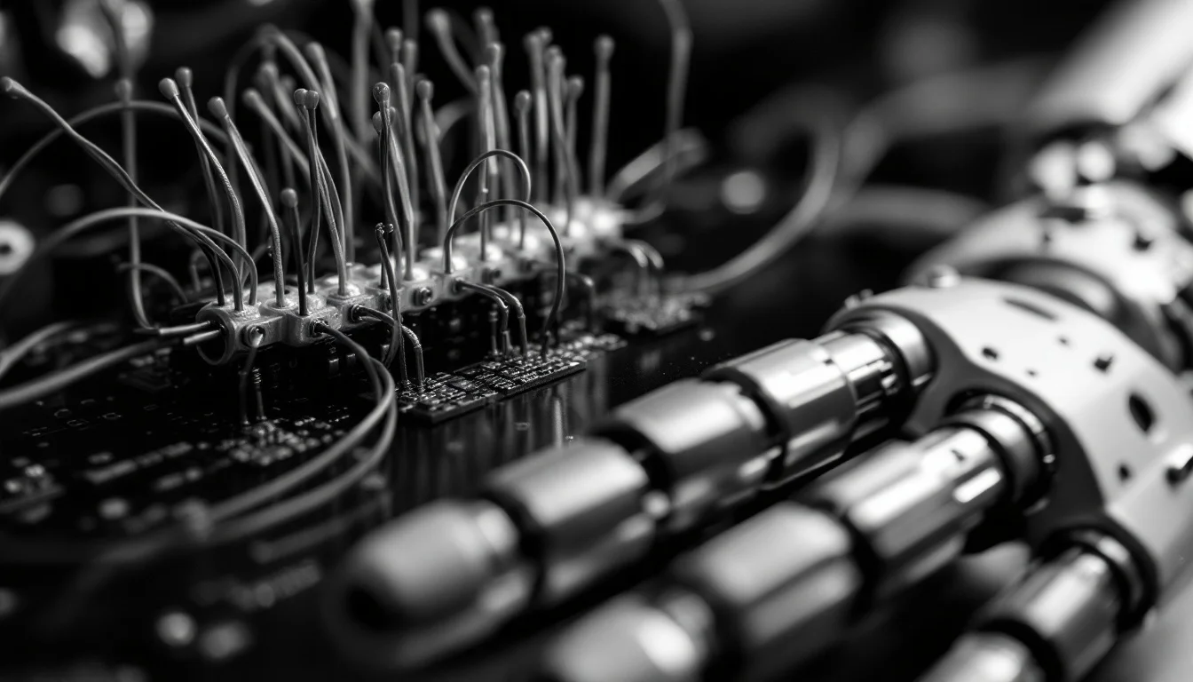 Editorial illustration: A close-up of an EEG electrode array positioned over a robotic hand or mechanical arm, with delicate — MonstarX