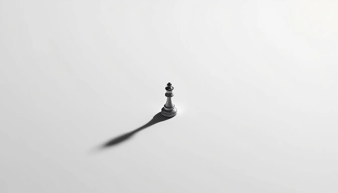 Editorial illustration: A single chess piece—a king or queen—standing isolated on an empty board, casting a long shadow. The — MonstarX